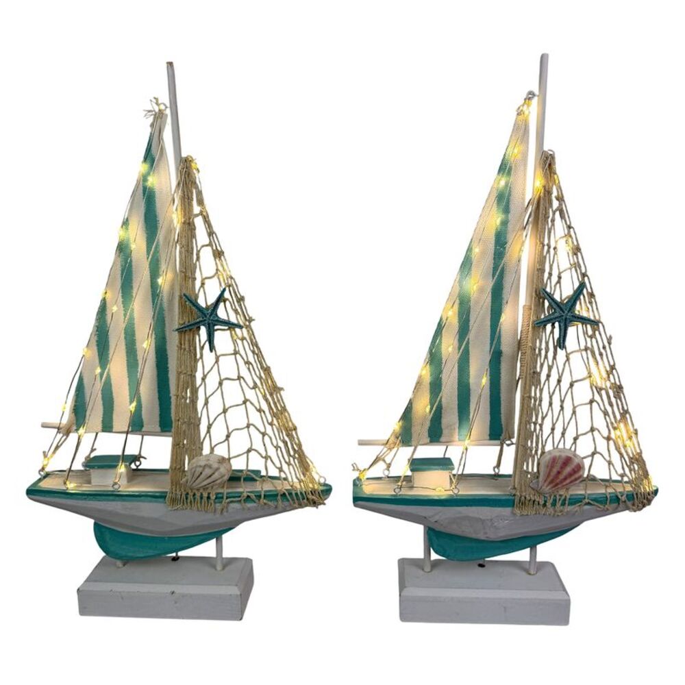 Set of 2 LED Sailboat Statues Coastal Aqua Wood Tabletop Decor 17.25 In